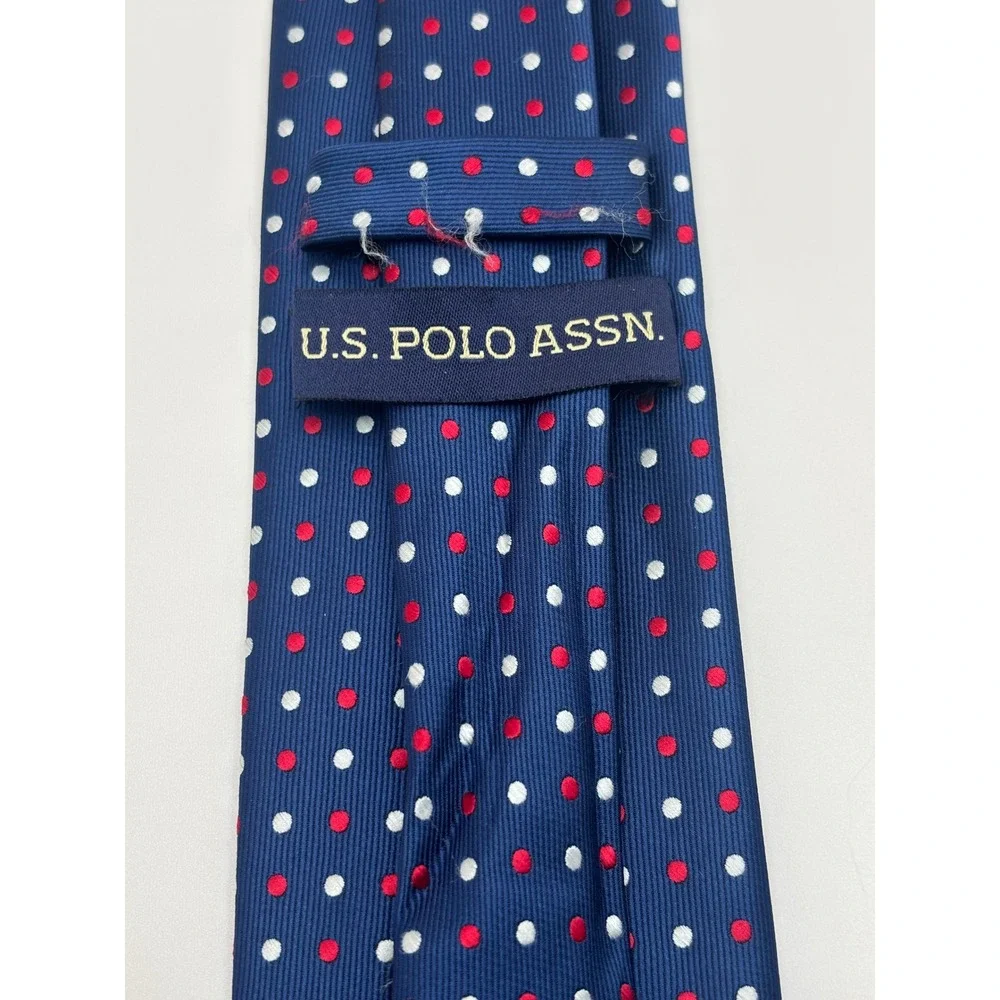 US Polo Assn Mens Navy Blue Red White Polka Dot Necktie Handmade Polyester